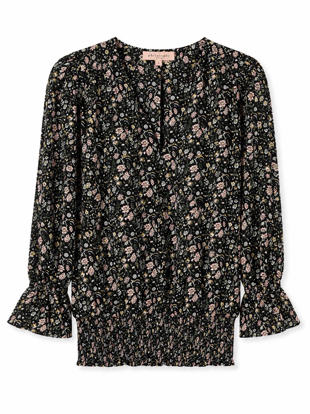 Philosophy Black Floral V-Neck Top with Pink and Green Accents